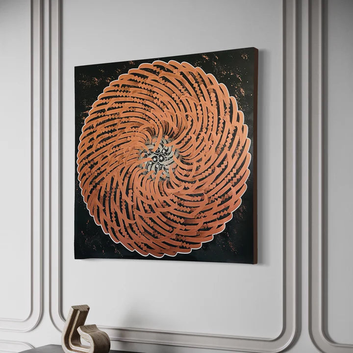 PRECIOUS METAL "BRONZE" mounted on the wall – showcasing the contrast between metallic bronze brushwork and dark backdrop in a modern setting.