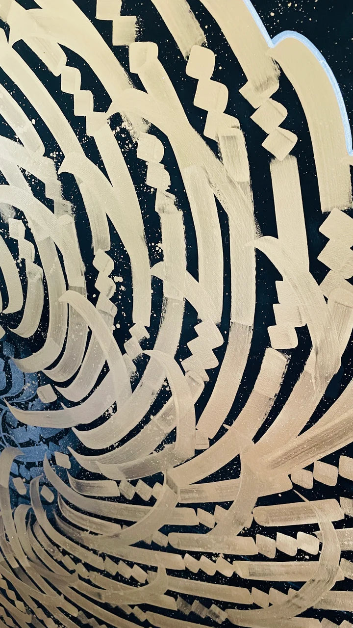 Right-side view of PRECIOUS METAL "GOLD" – capturing the dimensional brushwork and the contrast between gold strokes and black canvas.