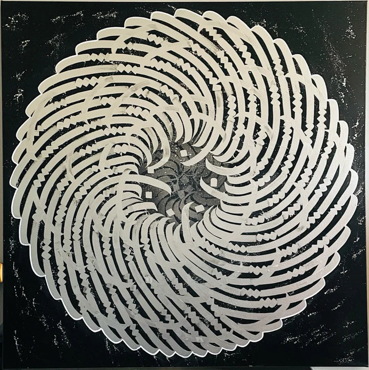 Full view of PRECIOUS METAL "SILVER" – a calligraffiti piece with silver-toned calligram brush strokes on a bold black canvas, symbolizing continuity and elegance.