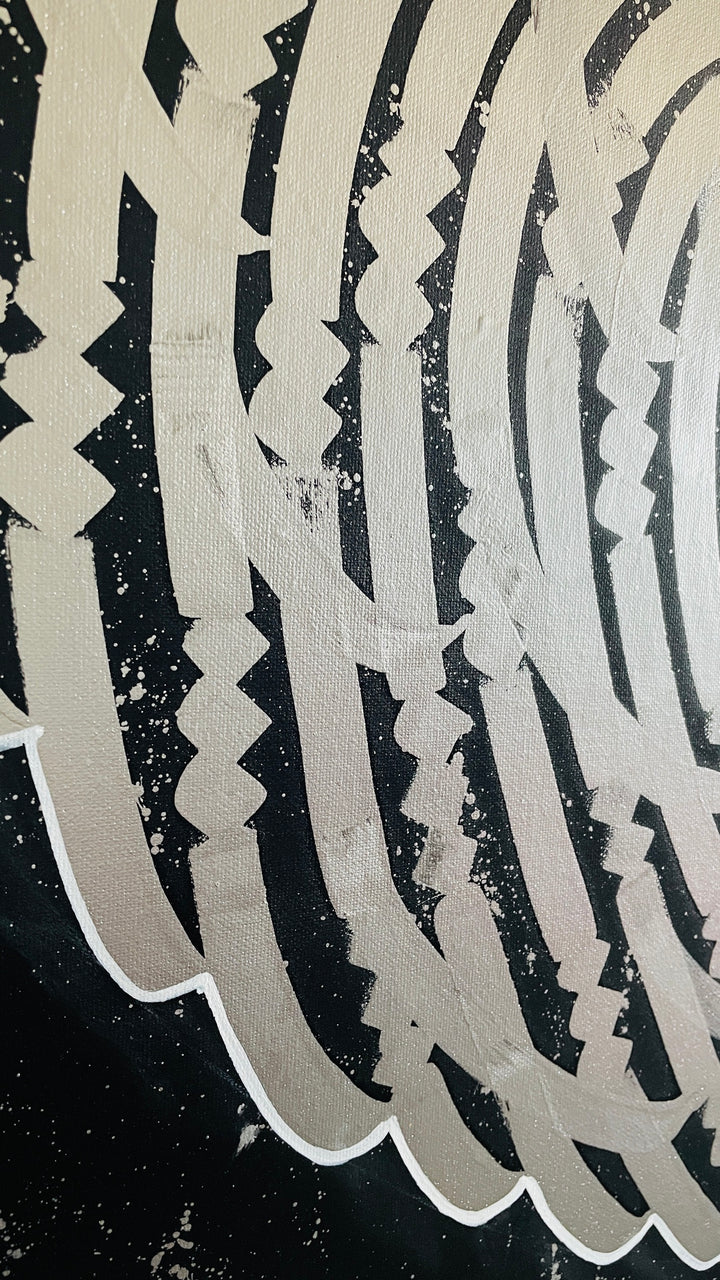 Left-angled view of PRECIOUS METAL "SILVER" – highlighting the dimensionality and refined flow of the silver brushwork on canvas.