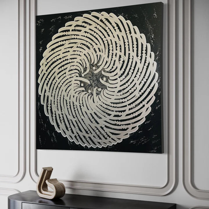 PRECIOUS METAL "SILVER" displayed on a wall – showcasing the stunning interplay between shimmering calligraphy and a dark, minimalist backdrop.