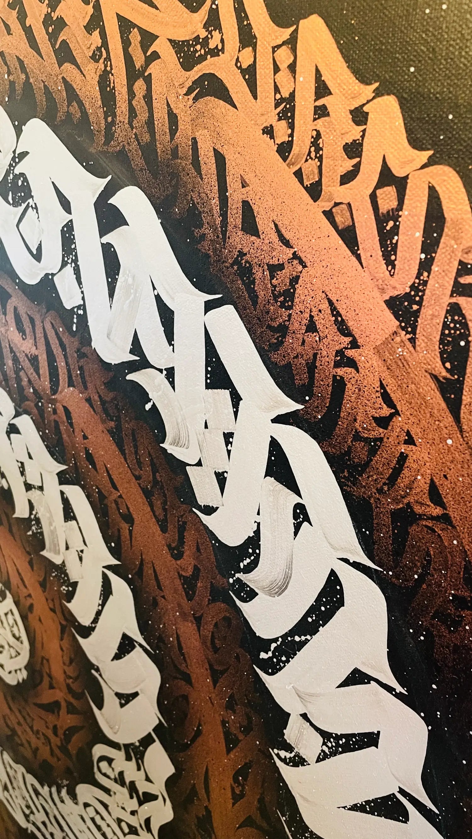 Top right view of RUST – emphasizing the layered texture and brush stroke depth in this industrially inspired calligraphy canvas.