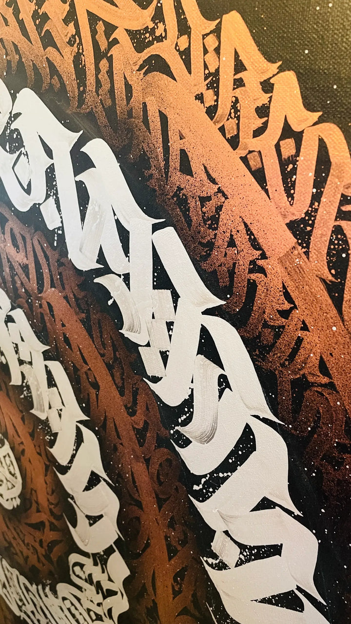 Top right view of RUST – emphasizing the layered texture and brush stroke depth in this industrially inspired calligraphy canvas.