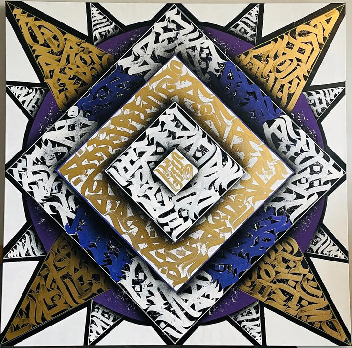 Full view of SUPERNOVA by Burnzy Art – a powerful hand-painted calligraffiti piece capturing the energy of a cosmic explosion with bold gold, purple, and white strokes on black.