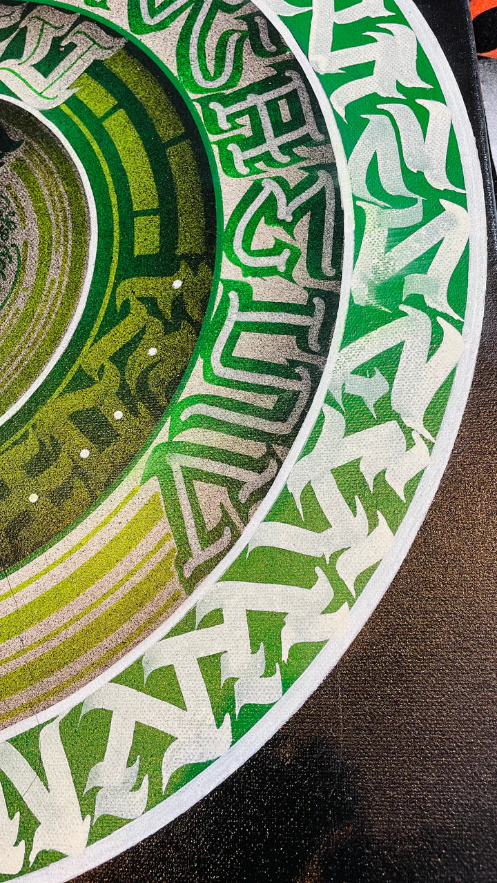 Bottom right perspective of THE CALLI DISK – emphasizing dimensional brushwork and vivid circular motion in the design.