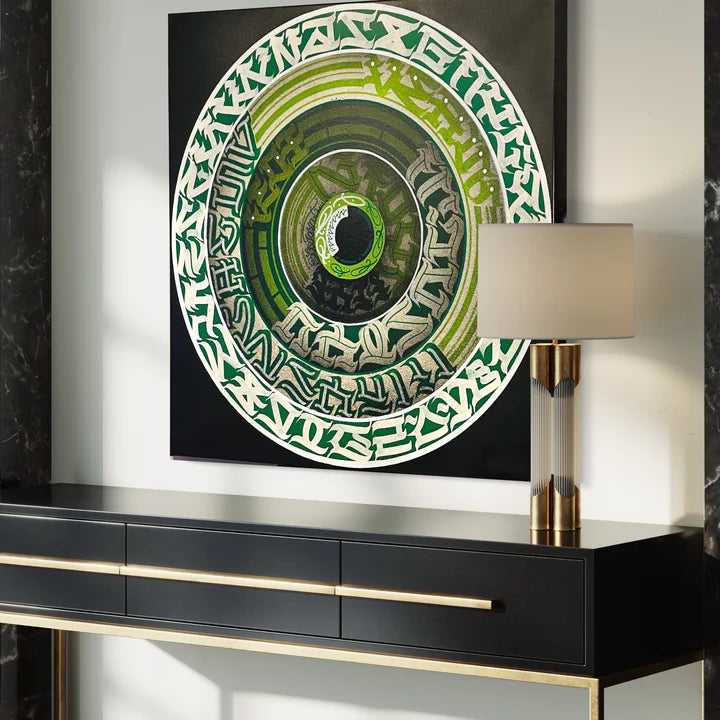 Side angle view of THE CALLI DISK – showcasing the artwork’s texture, depth, and rich green tones from a mounted perspective.