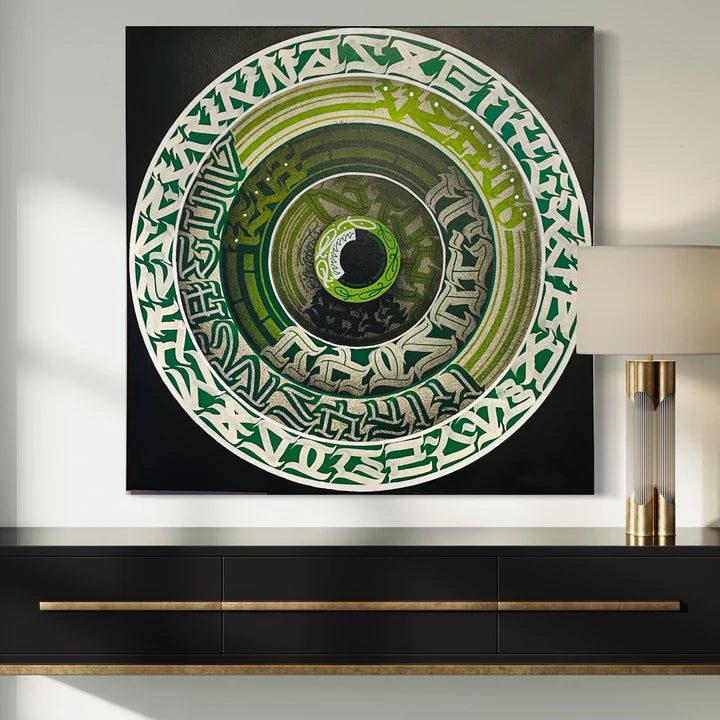 THE CALLI DISK mounted on the wall – elegant deep green and white calligraffiti creates a bold focal point in any room.