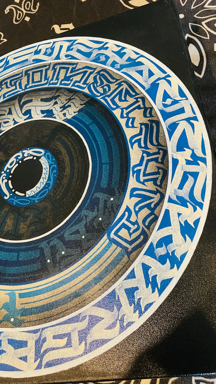 Right side angled view of THE CALLI DISK – displaying the depth of brush strokes and layered calligraphic detail on canvas.