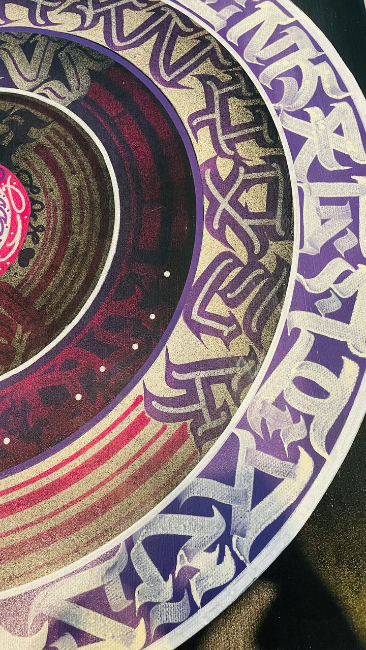 Right side view of THE CALLI DISK – showcasing depth, dimension, and the brushwork detail of the hand-painted calligraphy.