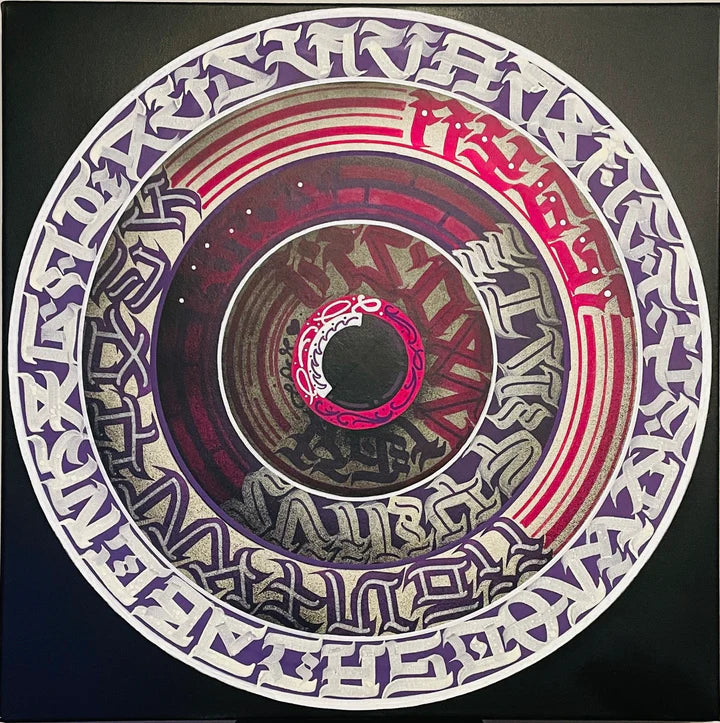 Wall-mounted view of THE CALLI DISK – striking purple and white calligraffiti creating a bold artistic statement in a contemporary setting.