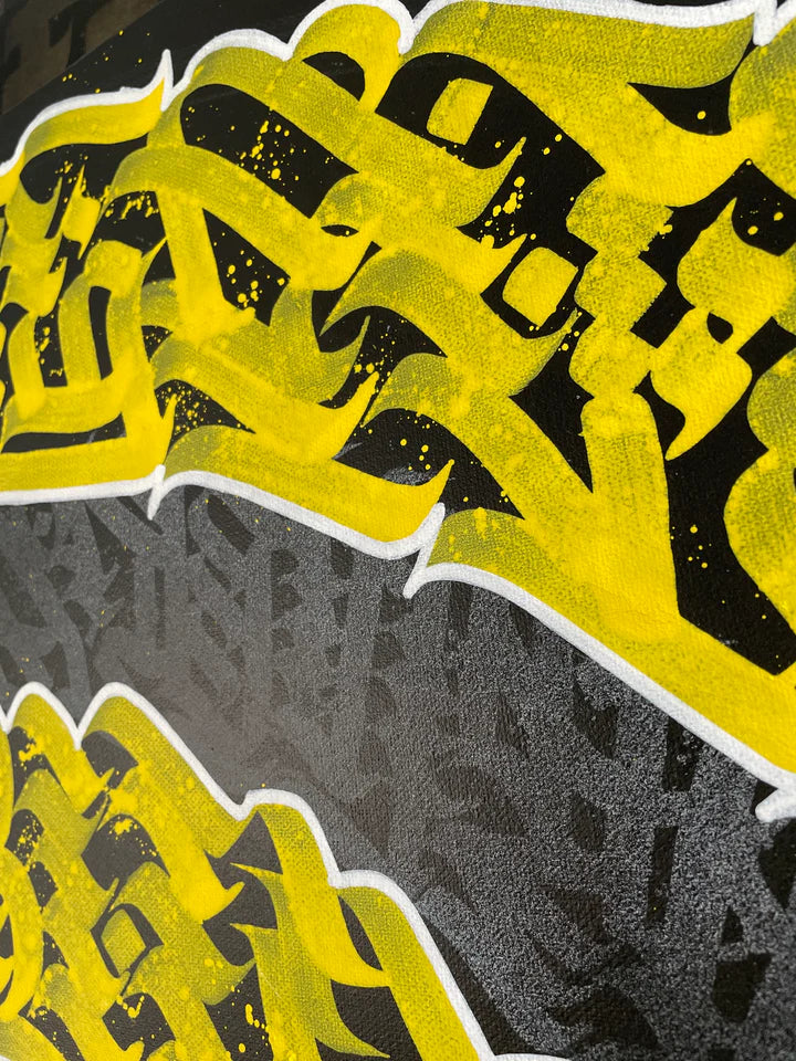 Side perspective view of “THE LUMINOUS CALLIGRAM” – emphasizing the brushstroke textures and circular rhythm of the composition.