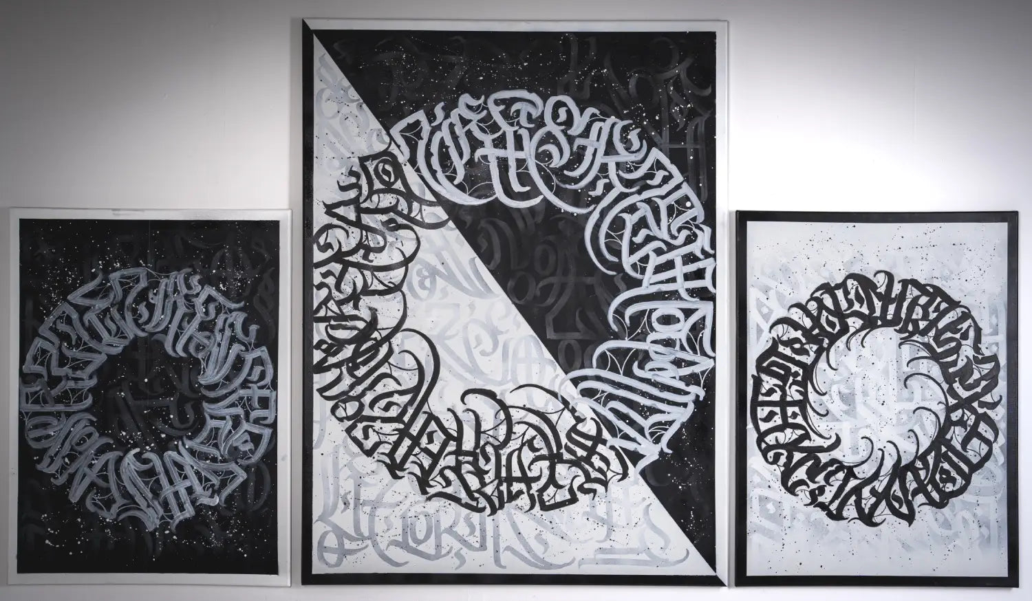 Full view of THE YIN-YANG by Burnzy Art – a striking triptych of calligraffiti canvases that interpret the Yin Yang symbol through bold brush strokes and black-and-white contrast, symbolizing harmony and duality.