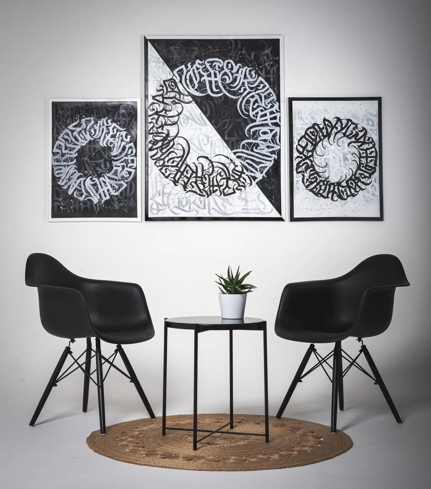 THE YIN-YANG triptych mounted on a wall – presenting an elegant flow of calligraphy across three canvases, capturing the spirit of balance in a modern Zen-inspired setting.