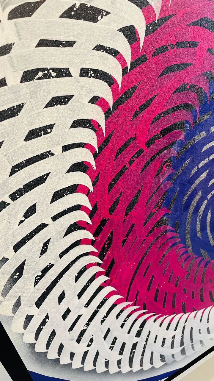 Left angle of “Twist of Elegance,” highlighting the textured brush strokes and spiral formation in dynamic hues.