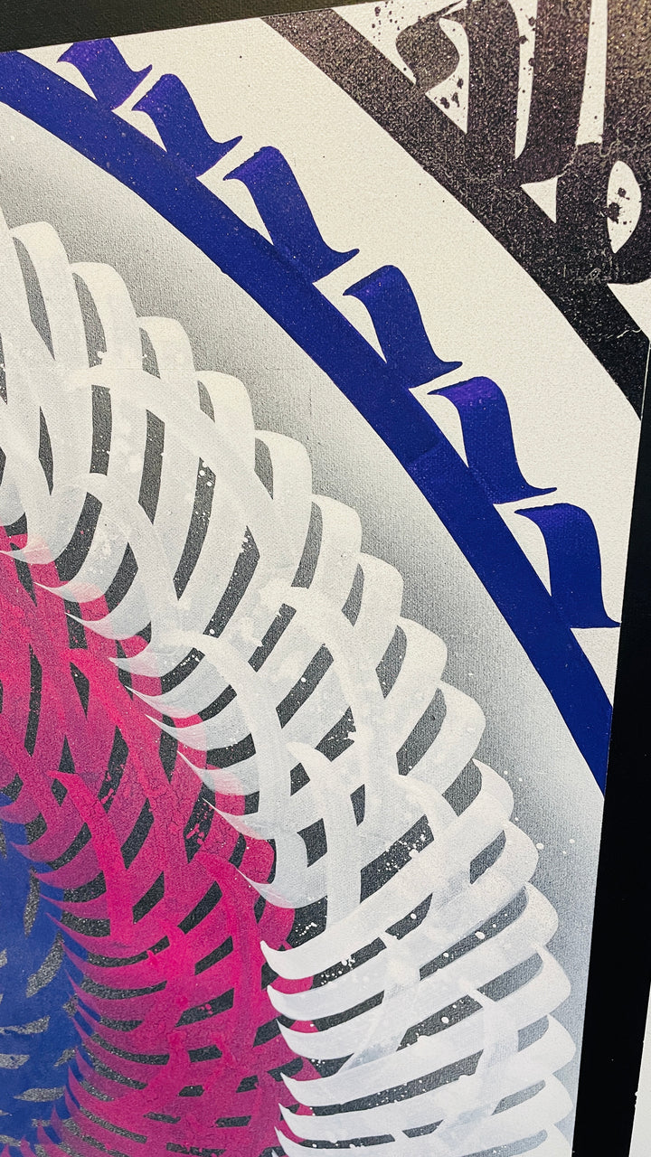 Top right angle of “Twist of Elegance,” capturing the movement and elegance of the spiraling calligraphy on a 40x40 canvas.