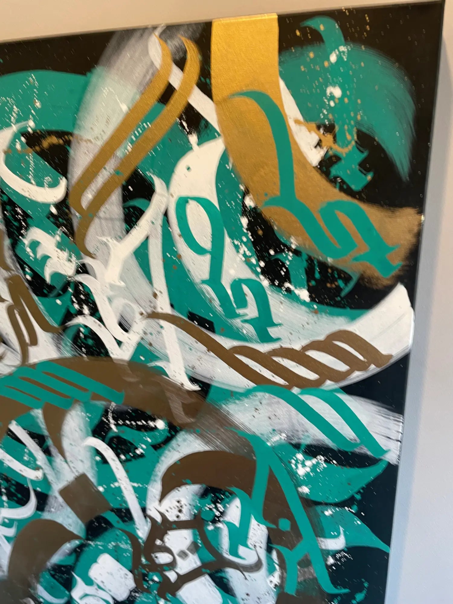 Detailed view of acrylic and spray paint textures on Chaos 2 calligraffiti canvas.