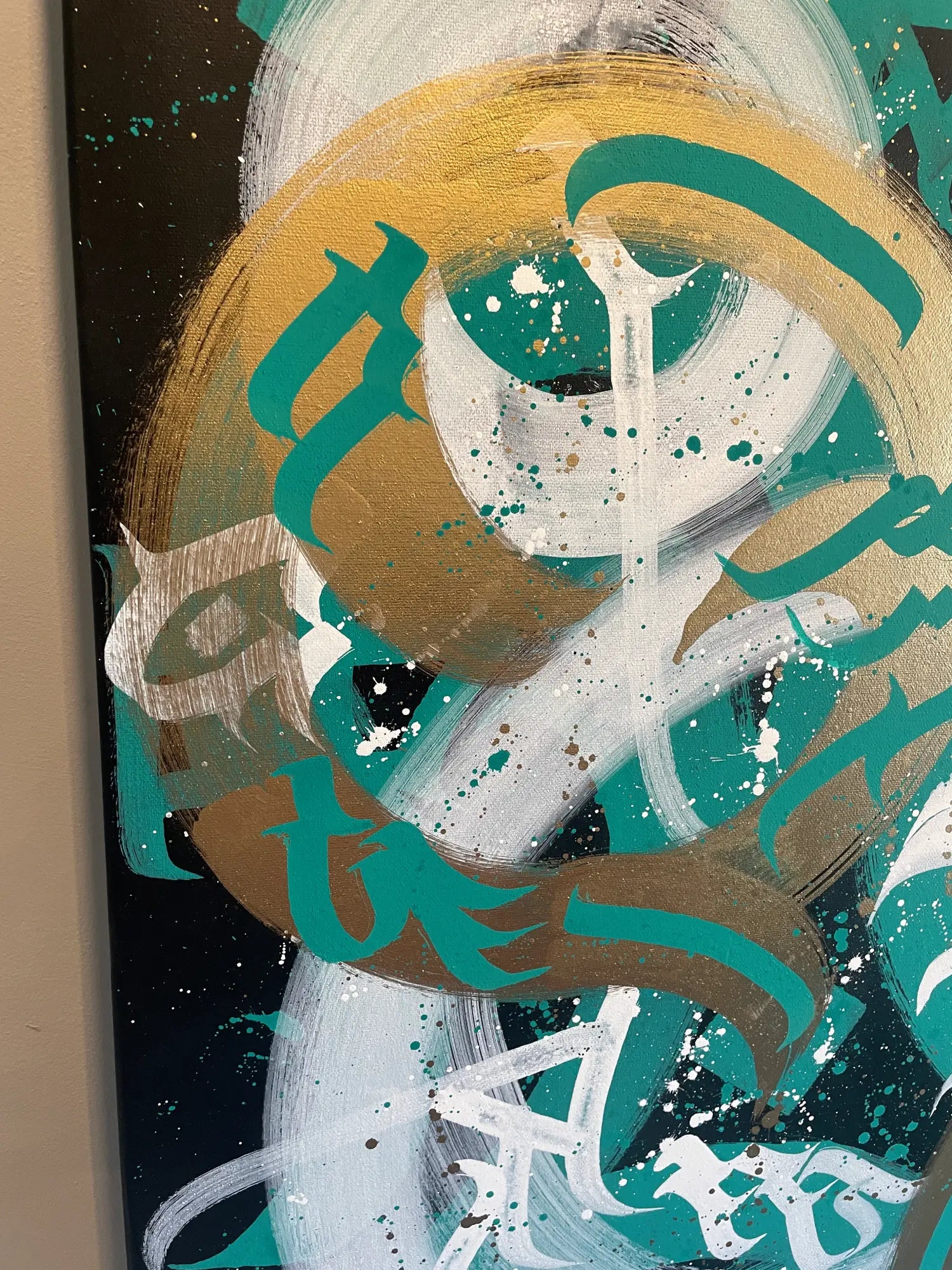 Side angle showing depth of Chaos 2 40x40 calligraffiti box canvas.