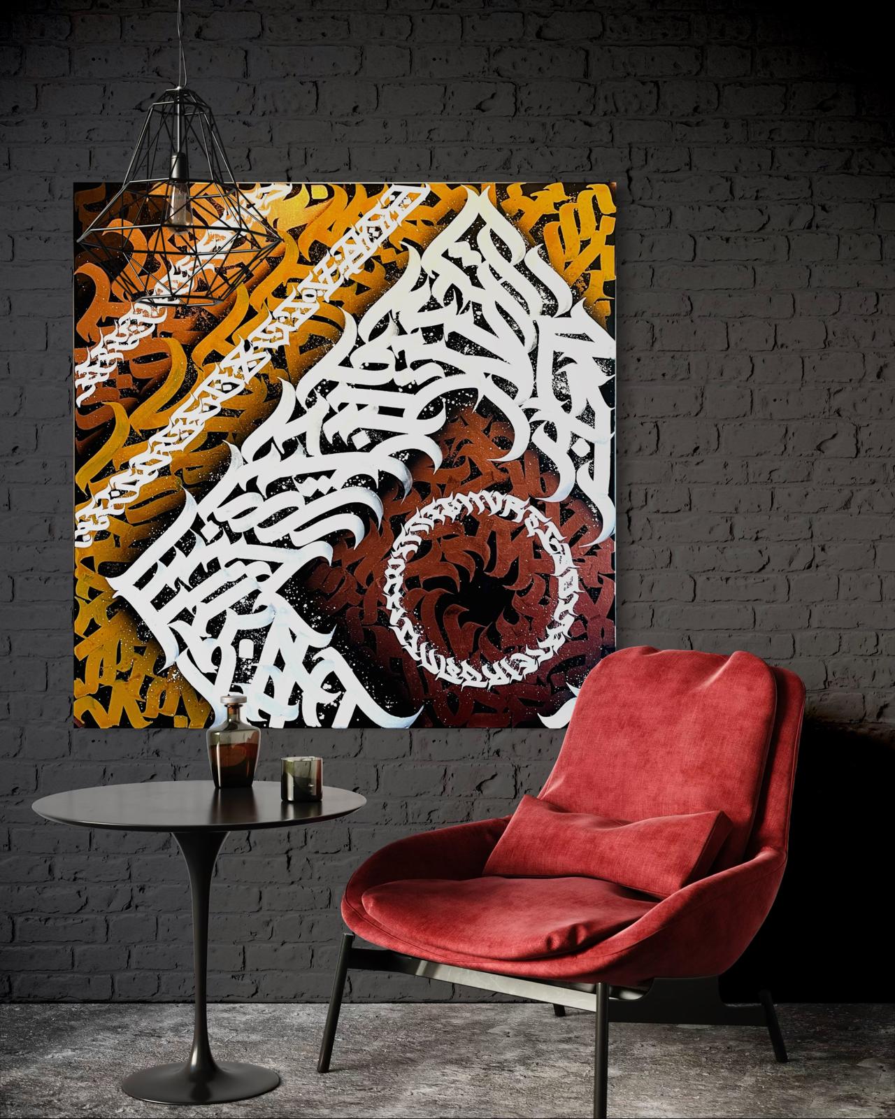 Stackz calligraffiti canvas by Burnzy Art hanging on a living room wall next to a modern chair – vibrant street art meets home decor.