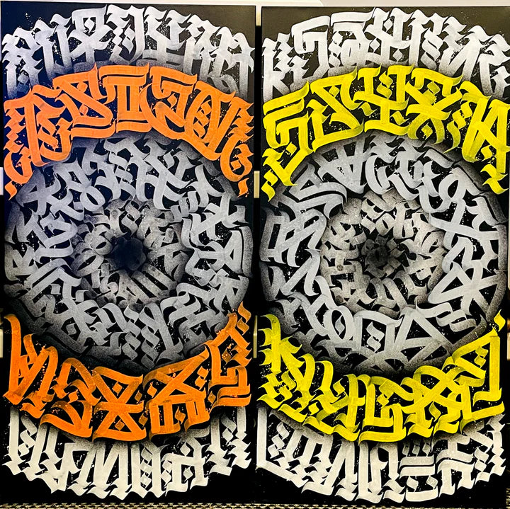 Full view of both "Amber & Aura" calligraphy artworks side by side, featuring orange and yellow variations in a vertical diptych format.