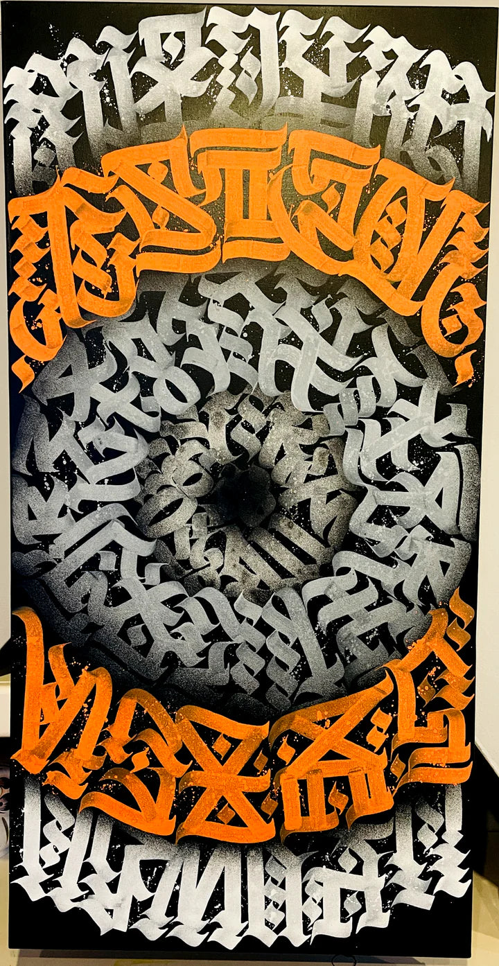 Full front view of the amber-toned panel from the "Amber & Aura" diptych, showcasing warm hues and detailed calligraphy.