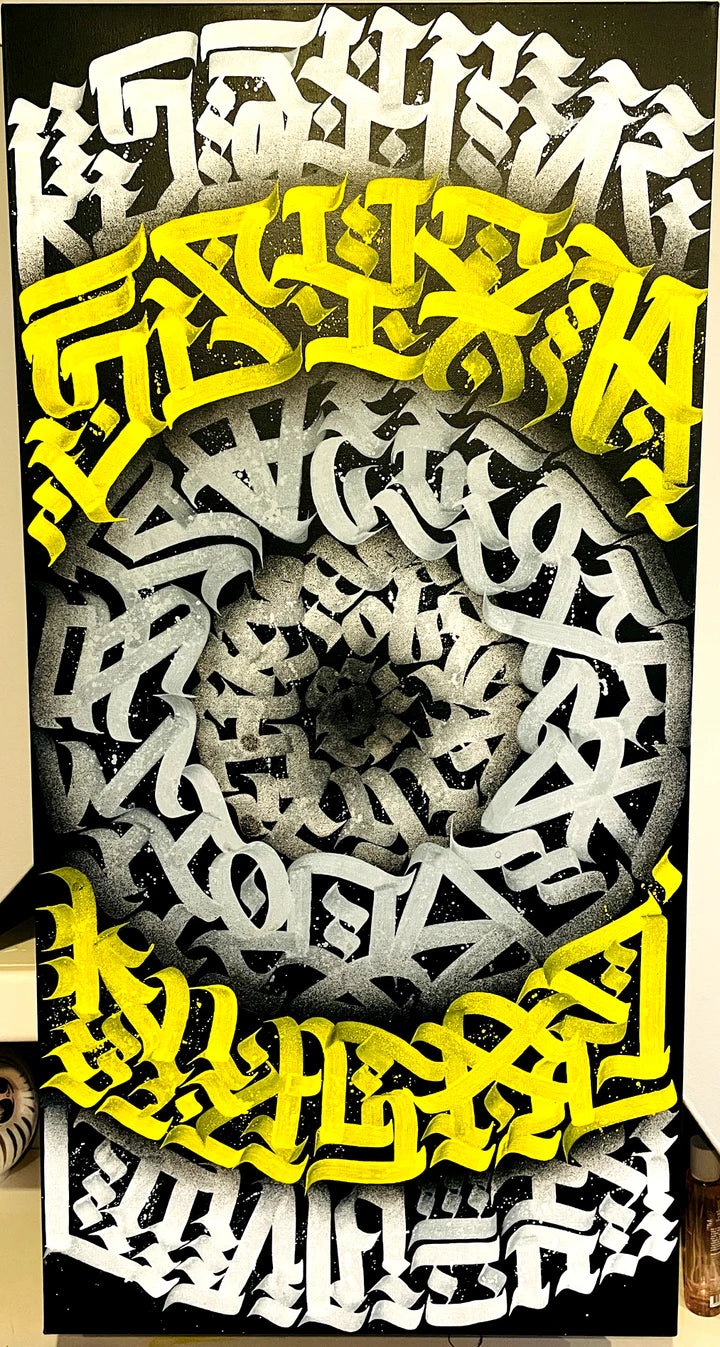 Full front view of the golden-yellow toned panel from the "Amber & Aura" series, radiating luminous calligraphy.