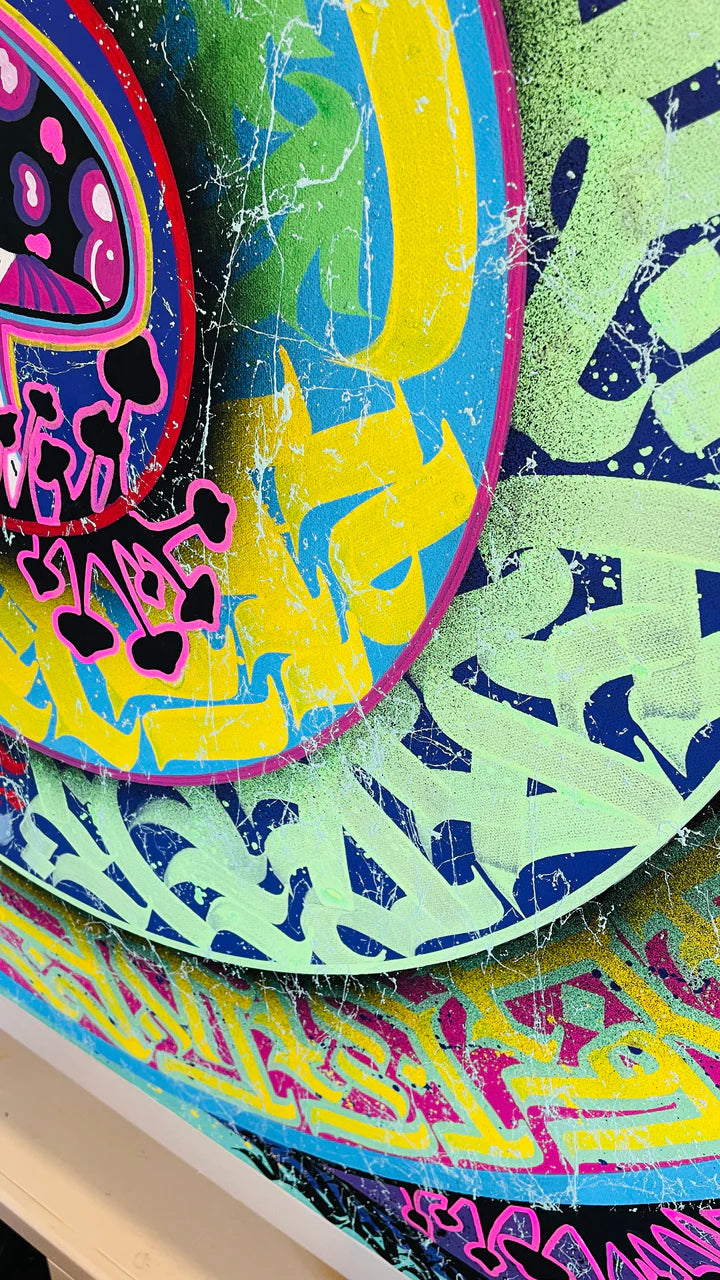Bottom right side angle of “A Good Trip,” highlighting the textured calligraphy and layered composition surrounding the mushroom center.