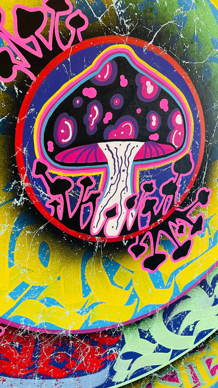 Zoomed-in view of the center of “A Good Trip,” showcasing the vividly detailed mushroom and concentric calligraphy rings.