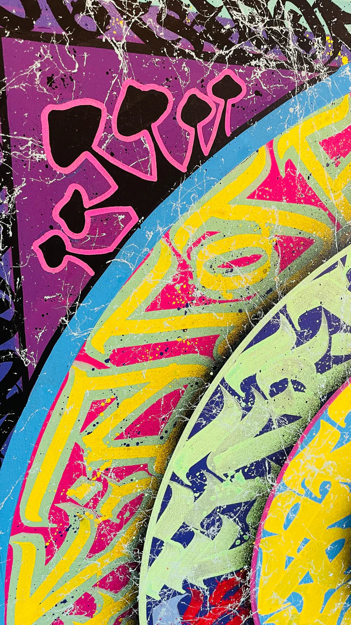 Top right side angle of “A Good Trip,” displaying the bold colors, brushwork, and movement of the psychedelic-inspired design.