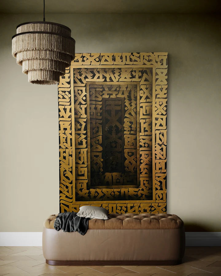 ANCIENT ECHOS displayed on a wall – showcasing the intricate calligraphy design and dramatic gold-on-black contrast in a gallery-like setting.