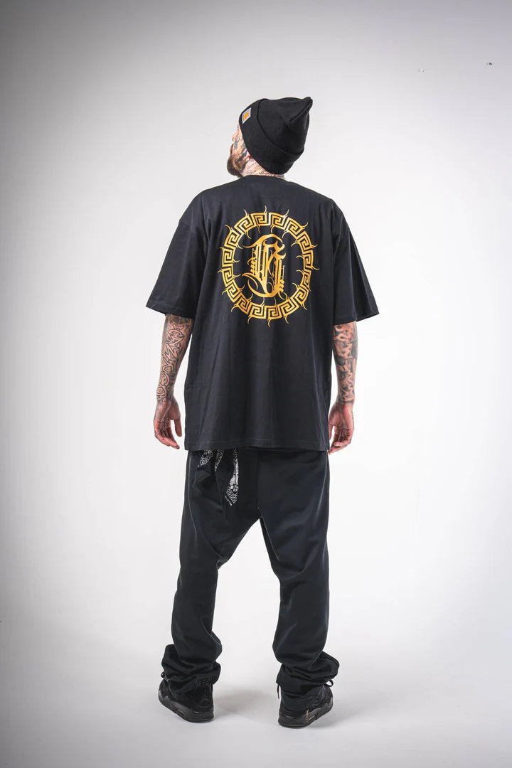 Full back view of a male model wearing the oversized Burnzy Art shirt, displaying its relaxed drape and fit.