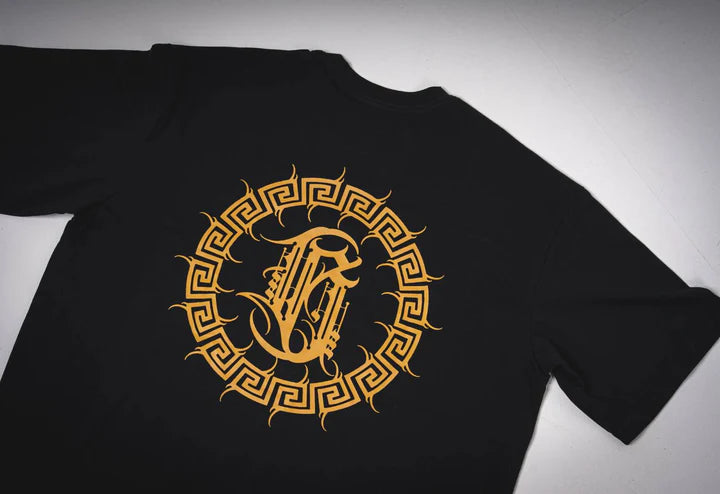 Flat front view of the black oversized Burnzy Art T-shirt featuring the original brush calligraphy logo.
