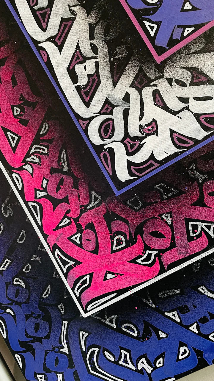 Bottom-left angle of CASCADING ECHOS – highlighting brush stroke textures and the layering effect in the nested square design.