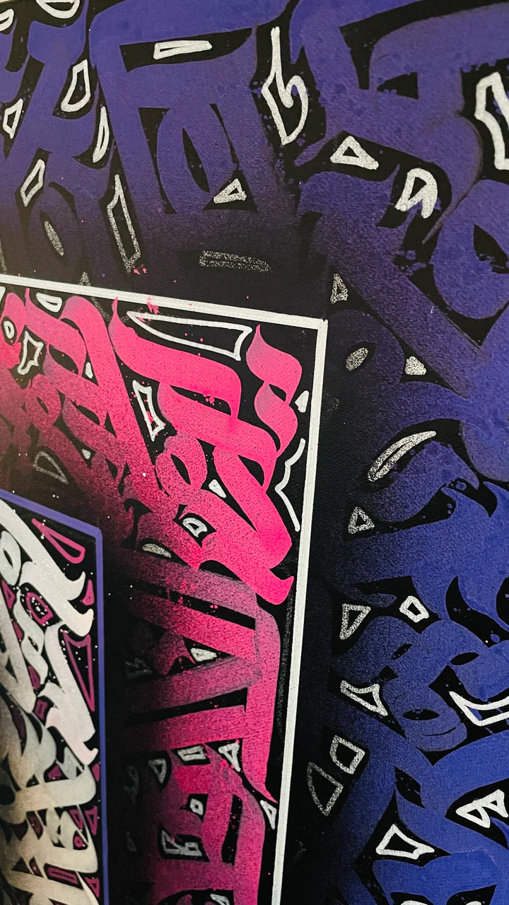 Top-right side view of CASCADING ECHOS – emphasizing the interplay of calligraphy, light gradients, and spatial depth.