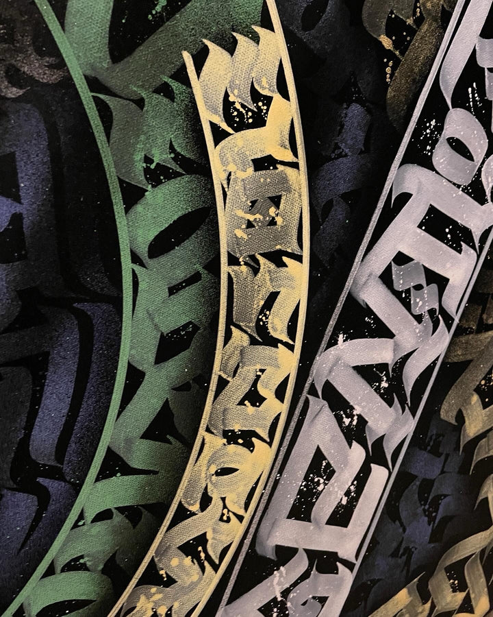 Angled perspective of CELESTIAL SCRIPTS – emphasizing depth, movement, and visual balance in the calligraphic forms.