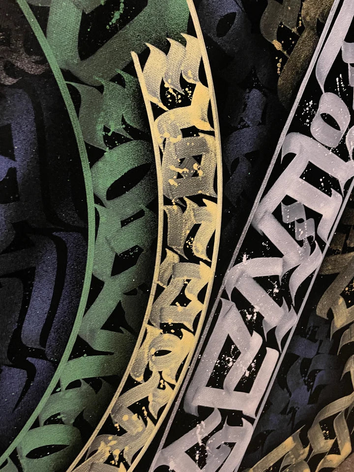 Zoomed diagonal view of CELESTIAL SCRIPTS – capturing the interplay of geometric rhythm and abstract lettering.