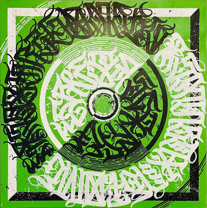 Full view of CIRCLES OF EXPRESSION GREEN by Burnzy Art – showcasing vibrant green, black, and white calligraphy in a bold circular motif symbolizing the flow of ideas.