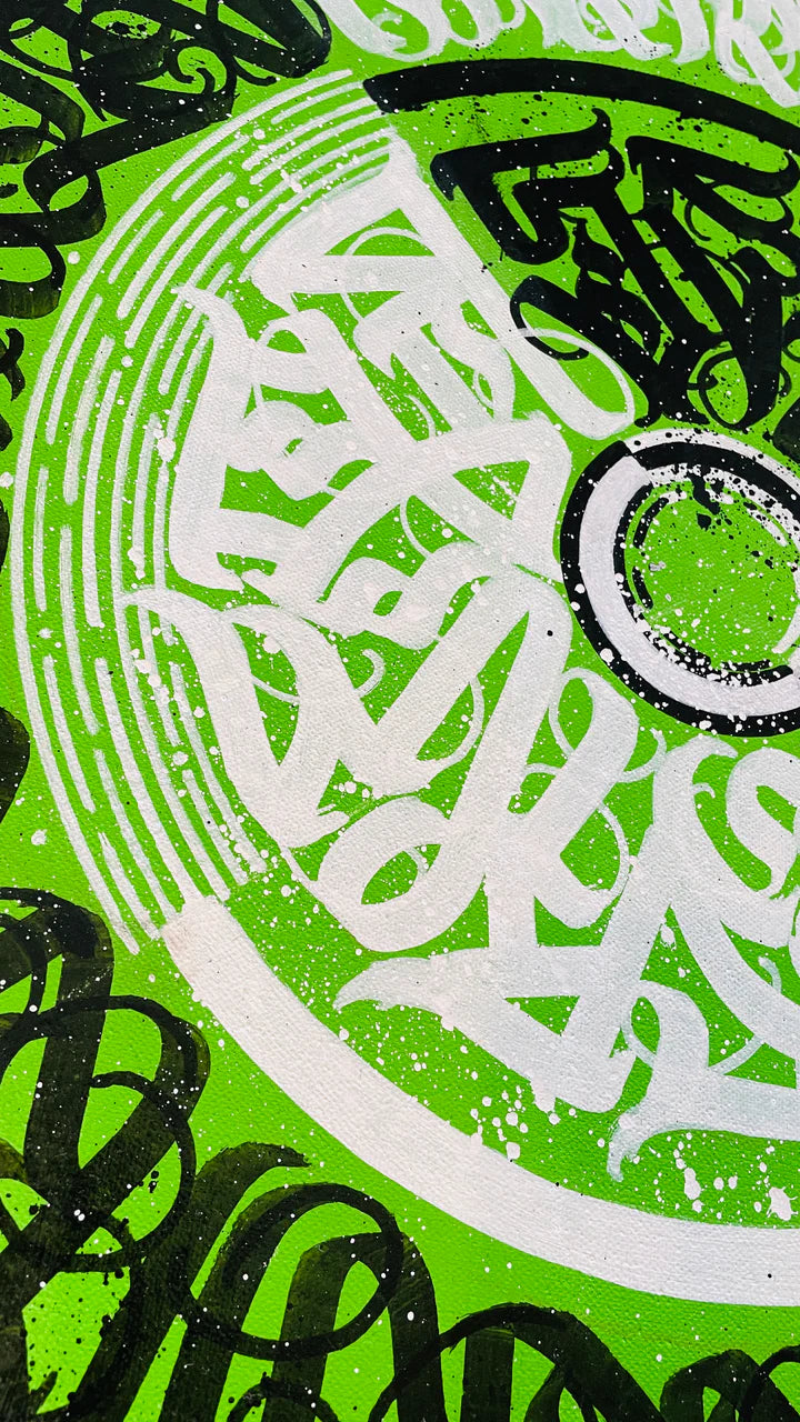 Left angle perspective of CIRCLES OF EXPRESSION GREEN – capturing the textured calligraphy and the balance between structured form and expressive movement.