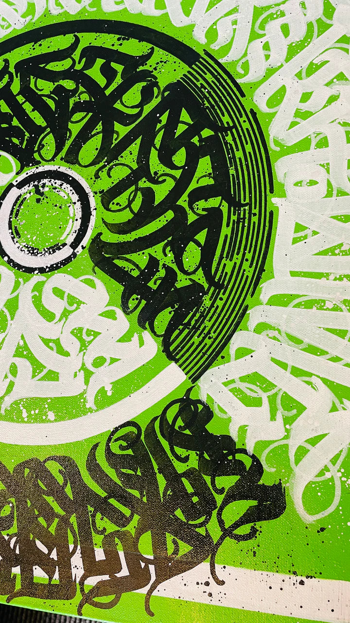 Right angle side view of CIRCLES OF EXPRESSION GREEN – emphasizing the layered strokes and flowing energy of the calligraphic elements.