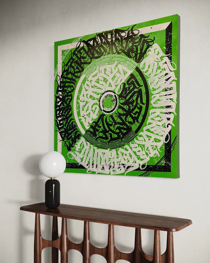 CIRCLES OF EXPRESSION GREEN artwork displayed on the wall – highlighting the centered circular design and vivid contrast in a room setting.