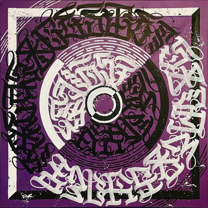 Full view of CIRCLES OF EXPRESSION PURPLE by Burnzy Art – featuring vibrant purple, black, and white calligraphy with a central circular motif symbolizing creative flow.