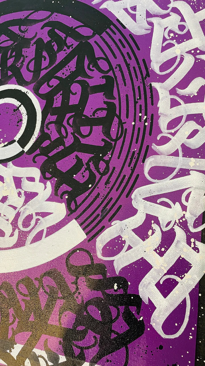Right side angle of CIRCLES OF EXPRESSION PURPLE – highlighting the texture, depth, and layered brushwork of the circular calligraphy.