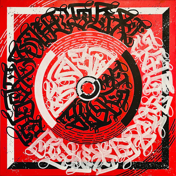 Full view of CIRCLES OF EXPRESSION RED by Burnzy Art – bold red, black, and white calligraphy centered around a circular motif representing the continuous flow of expression.