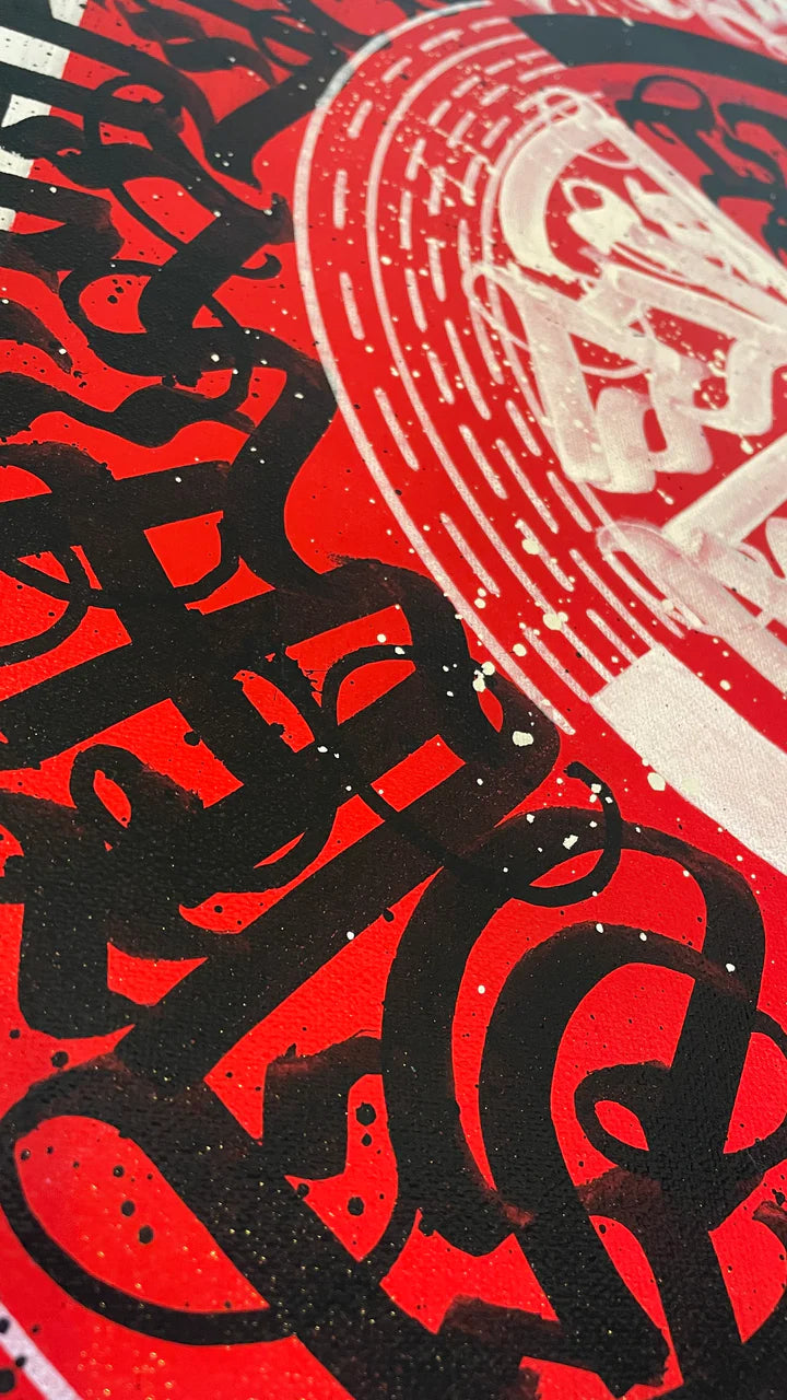 Left side angle of CIRCLES OF EXPRESSION RED – capturing the dimensionality and textured details of the paint and strokes.