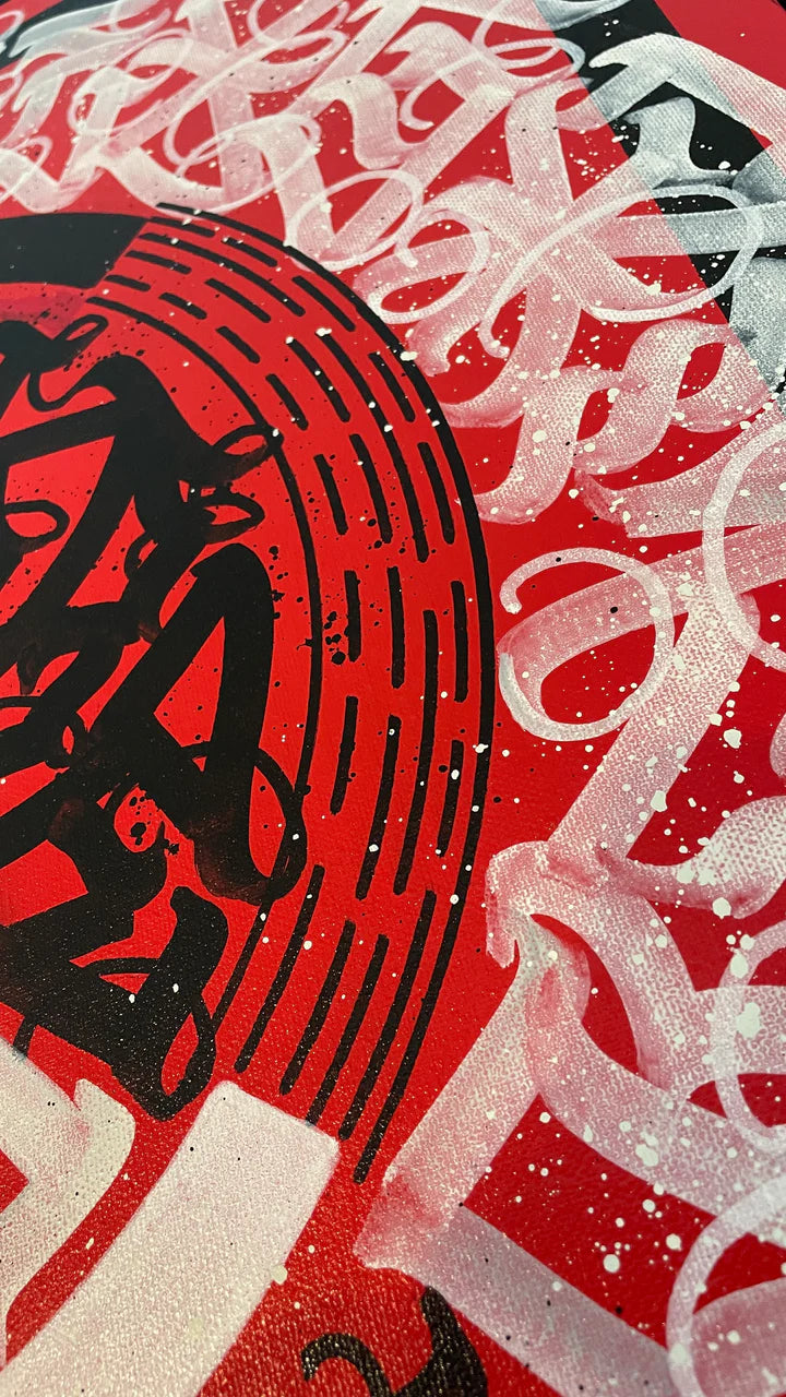 Right side angled view of CIRCLES OF EXPRESSION RED – highlighting canvas depth and the energy of the brushwork.
