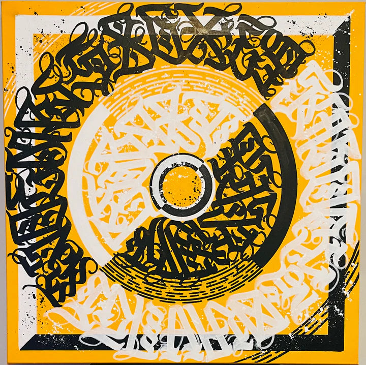 Full view of CIRCLES OF EXPRESSION YELLOW by Burnzy Art – striking yellow, black, and white circular calligraphy evoking a continuous flow of expression.