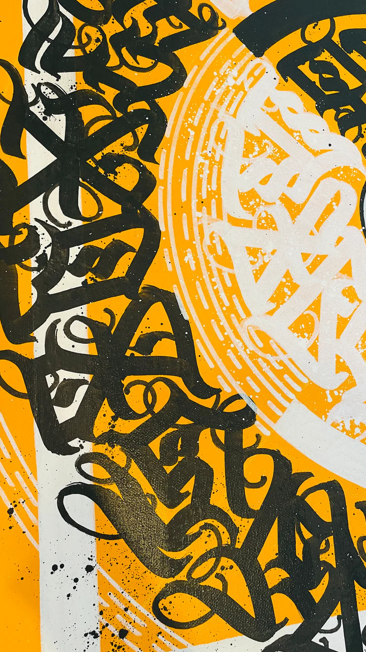 Left angle perspective of CIRCLES OF EXPRESSION YELLOW – highlighting the dynamic movement and layered calligraphy strokes.