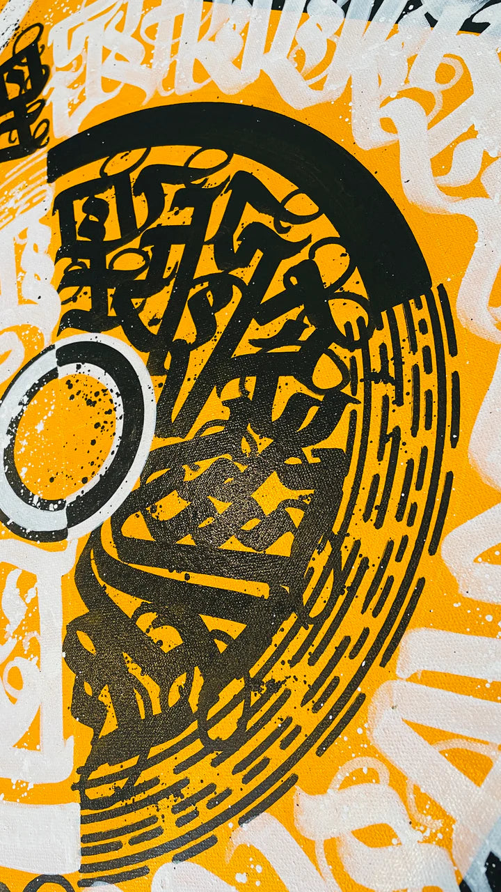 Right angled side view of CIRCLES OF EXPRESSION YELLOW – displaying the textured depth and bold brushwork of the piece.