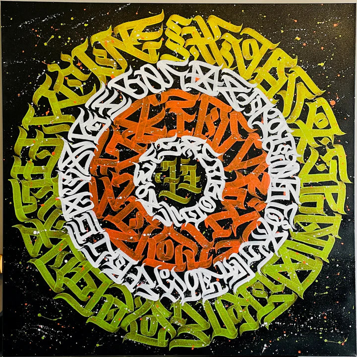 Full view of COSMIC CALLIGRAPHY by Burnzy Art – luminous green, orange, and white calligraphy swirling around a central form on a star-speckled black canvas.