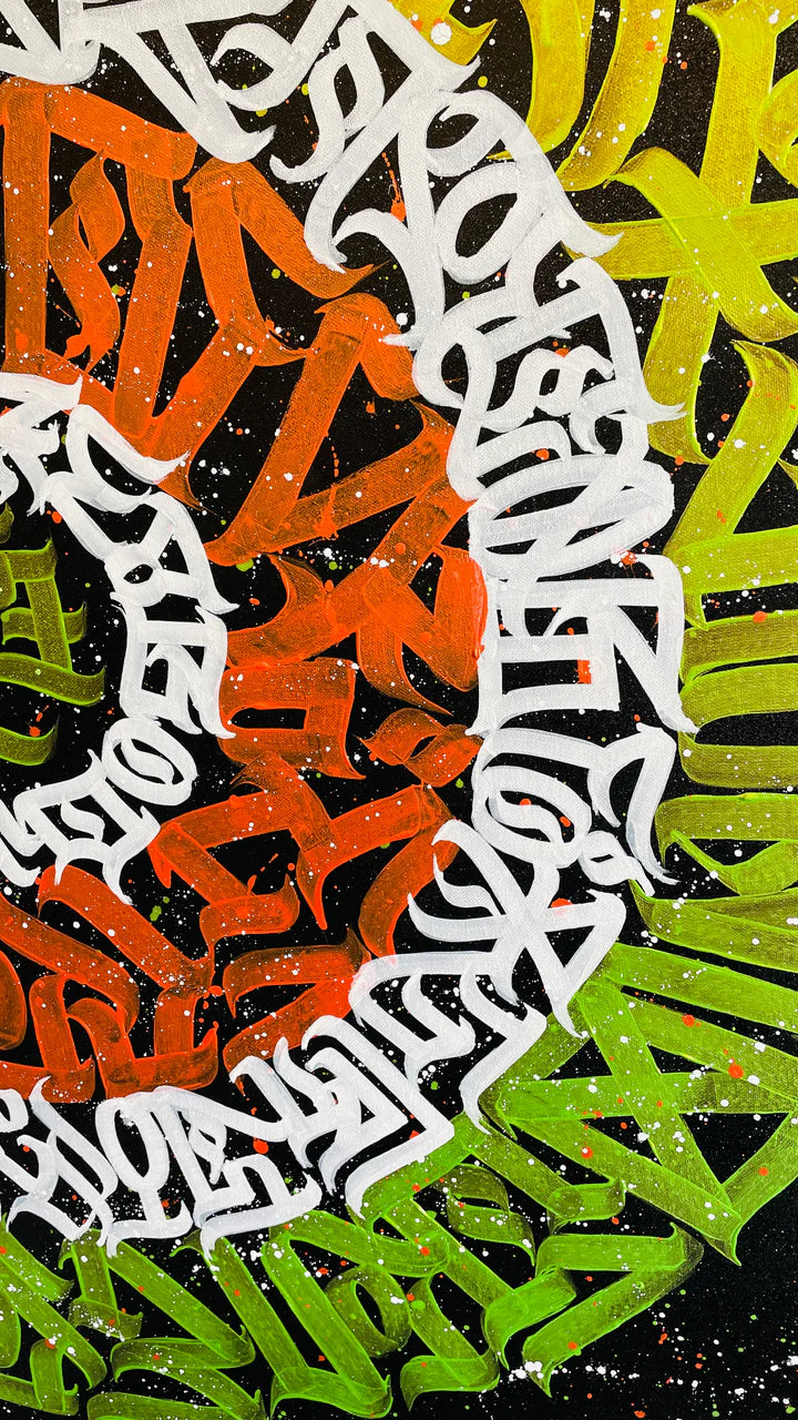 Zoomed-in view of the right side of COSMIC CALLIGRAPHY – emphasizing vibrant color transitions and the delicate precision of handwritten strokes.