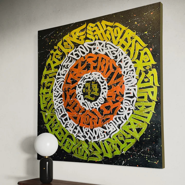 Side view of COSMIC CALLIGRAPHY mounted on a wall – highlighting the canvas depth, paint texture, and layered brushstrokes.